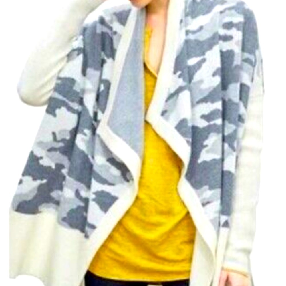 White and gray camo print cardigan by Banana Republic.